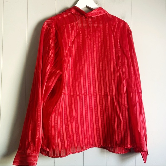 Joanna 80s Twinset Red Sheer Striped Shirt & Opaque Shell Women's Size XL - Picture 2 of 4